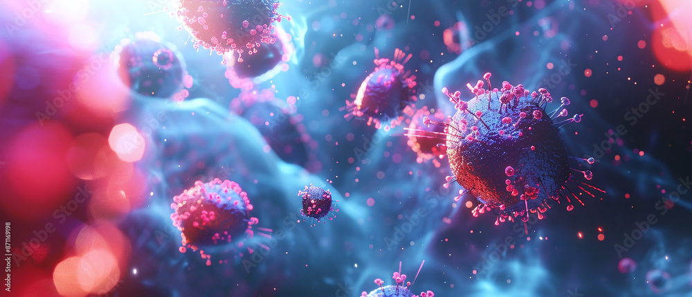 Microscopic view of floating virus particles in vibrant colors, capturing intricate details and interactions within a fluid environment.
Microscopic view of floating virus particles in vibrant colors, capturing intricate details and interactions within a fluid environment.