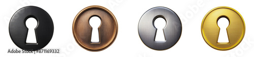 Four round keyholes in various finishes: black, bronze, silver, and gold - isolated transparent png
