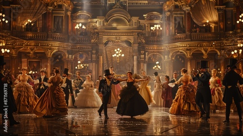 A dramatic scene from Verdi's La Traviata, with performers in elaborate period costumes