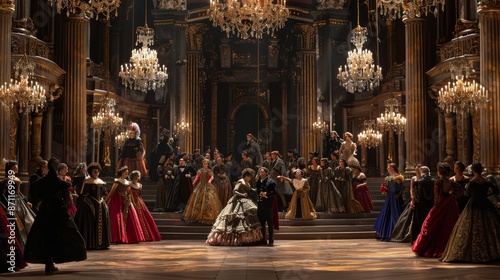 A dramatic scene from Verdi's La Traviata, with performers in elaborate period costumes