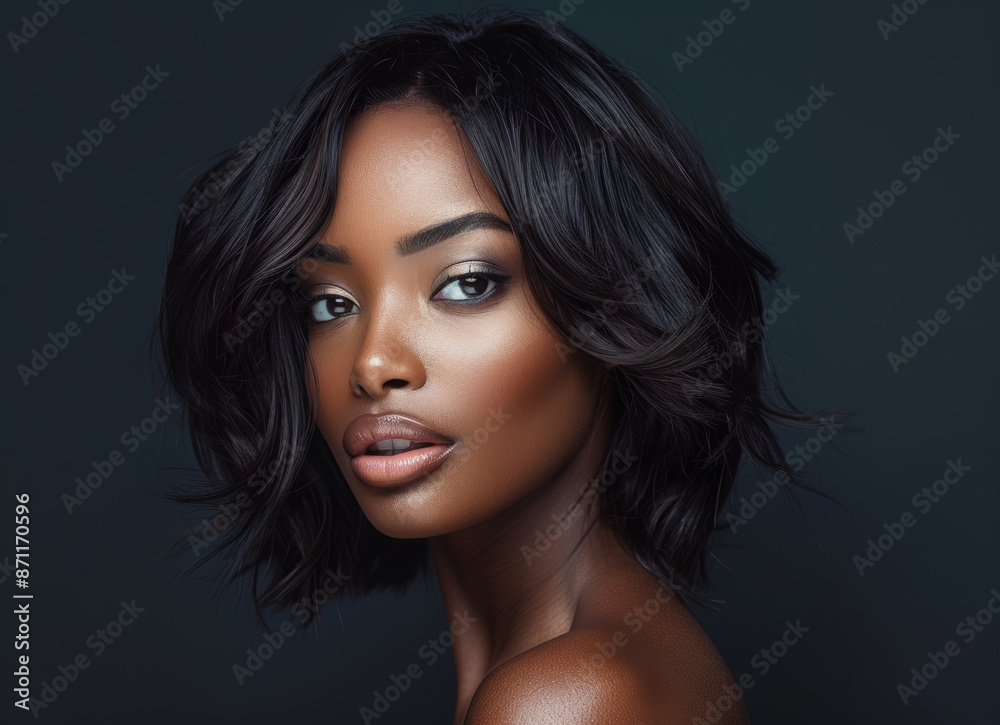 Naklejka premium A portrait of an beautiful woman with sleek, wavy hair and striking makeup against a neutral background, captured in soft studio lighting