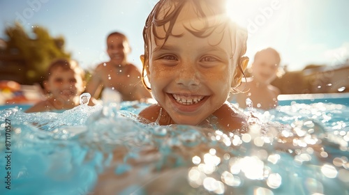 A family enjoying a sunny day at a pool