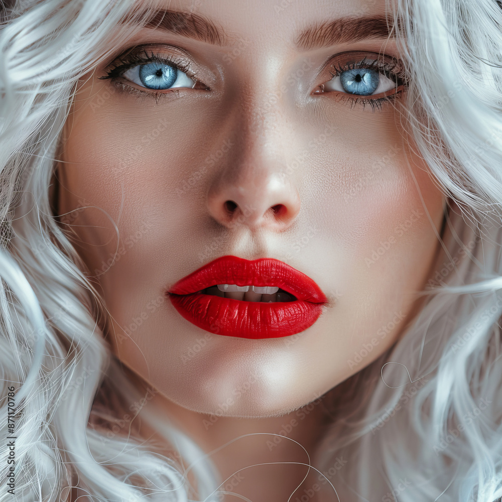 Beautiful woman with plump lips, blue eyes and white hair in waves make up on face, red lipstick Beautiful woman with plump lips, blue eyes and white hair in waves make up on face, red lipstick