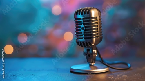 Desk Microphone. Vintage Audio Broadcasting Concept with Classic Cyanic Background photo