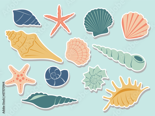 Cute shells sticker pack. Hand drawn color seashell collection. Ocean sea life conch coral starfish. Marine underwater abstract elements. Summer vacation Vector set for scrapbook