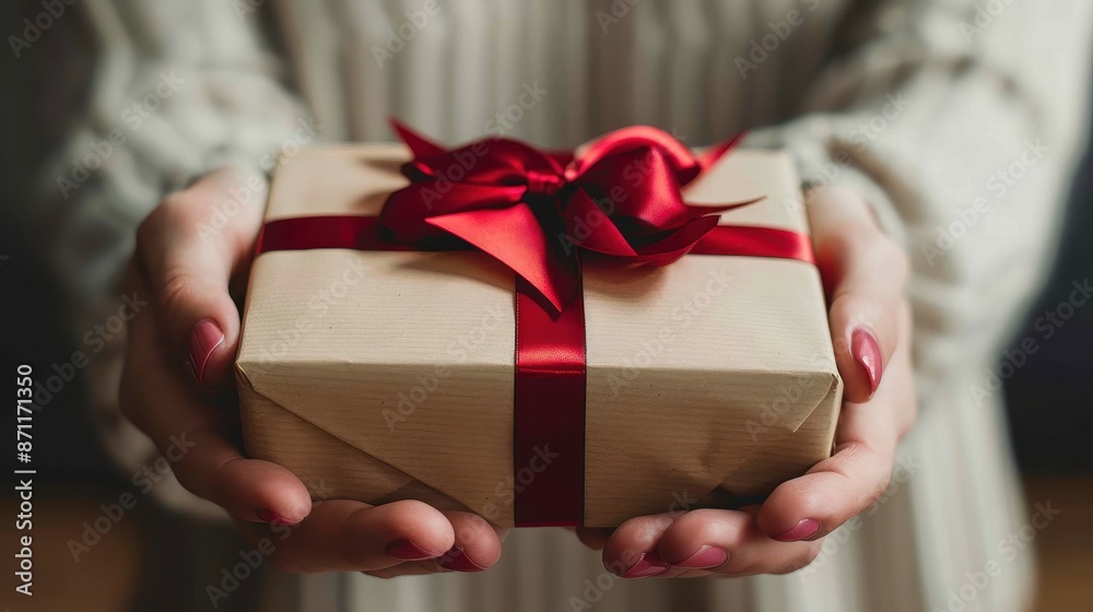 A person holds a small, neatly wrapped gift with a red bow, focusing on the hands and the gift. The background is blurred, drawing attention to the present. A person holds a small, neatly wrapped gift with a red bow, focusing on the hands and the gift. The background is blurred, drawing attention to the present.