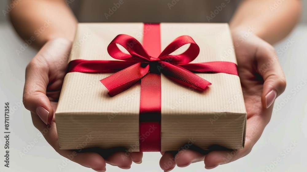 A close-up of hands holding and presenting a beautifully wrapped gift box, adorned with a vibrant red ribbon. The image captures the act of giving and the joy of receiving gifts. A close-up of hands holding and presenting a beautifully wrapped gift box, adorned with a vibrant red ribbon. The image captures the act of giving and the joy of receiving gifts.