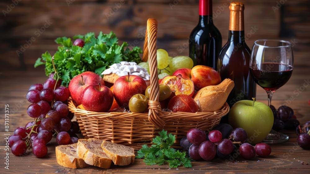 Wicker basket filled with fruits, wine bottles, bread slices, and assorted greenery on a rustic wooden table, presenting a bountiful and festive display. Wicker basket filled with fruits, wine bottles, bread slices, and assorted greenery on a rustic wooden table, presenting a bountiful and festive display.