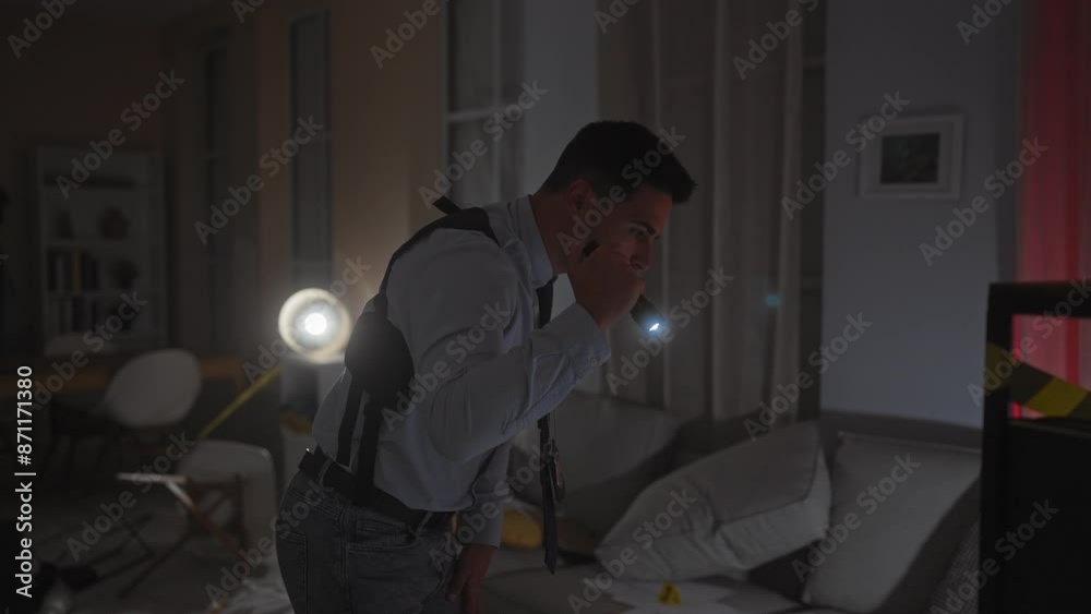 A man investigates a dimly lit indoor crime scene with a flashlight and badge A man investigates a dimly lit indoor crime scene with a flashlight and badge