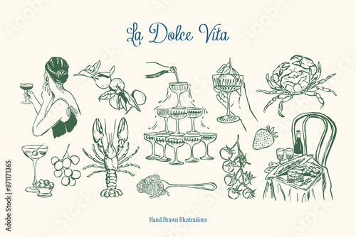 Minimalist hand drawn food and beverages vector illustration collection. Art for greeting cards, wedding invitations, poster design, postcards, branding, logo design, background.	