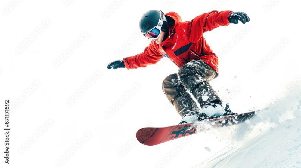Snowboarder Jumping on White Background. Portrait of Young Man Freestyling on Snowboard Snowboarder Jumping on White Background. Portrait of Young Man Freestyling on Snowboard