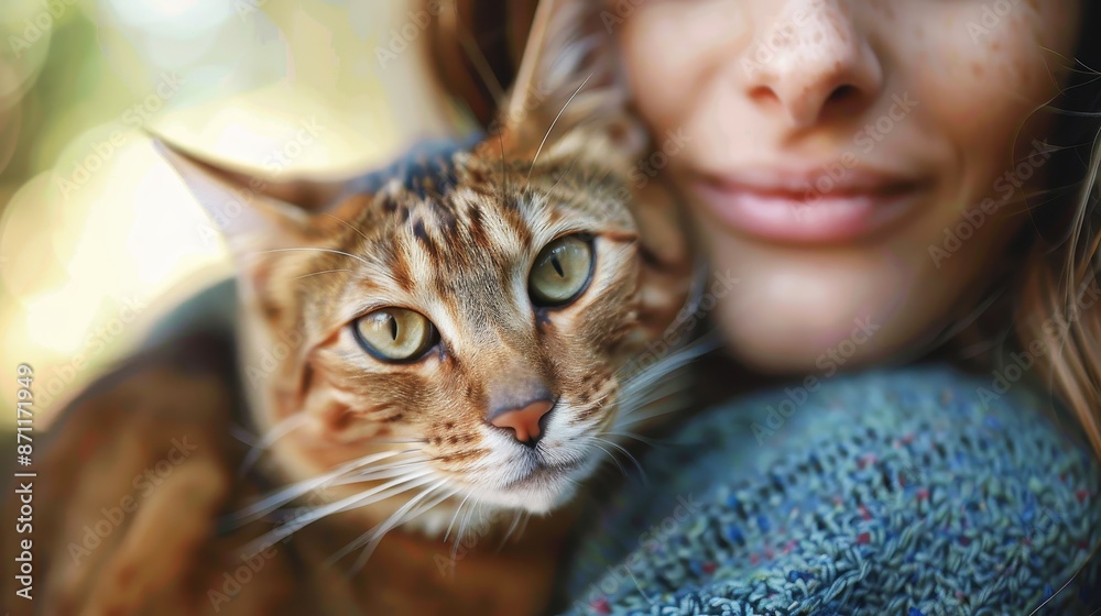 A cat with sharp eyes nuzzles into its owner, who is wearing a knitted sweater, creating an intimate moment set against a blurred green foliage. A cat with sharp eyes nuzzles into its owner, who is wearing a knitted sweater, creating an intimate moment set against a blurred green foliage.