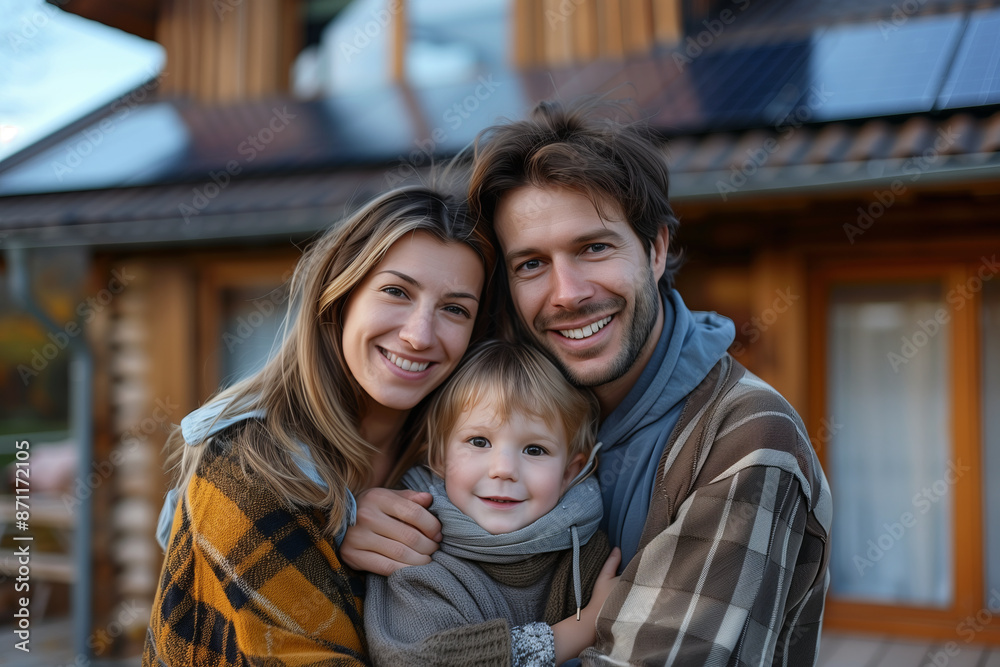 A Caucasian family hugs in front of a house powered by solar panels. A Caucasian family hugs in front of a house powered by solar panels.