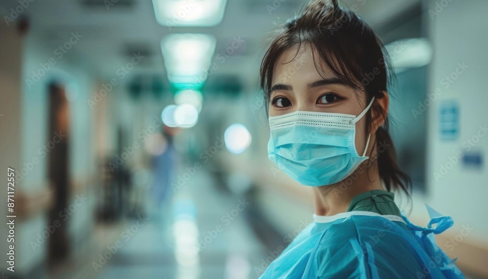 A low angle shot of a confident Korean woman walking through a hospital corridor A low angle shot of a confident Korean woman walking through a hospital corridor
