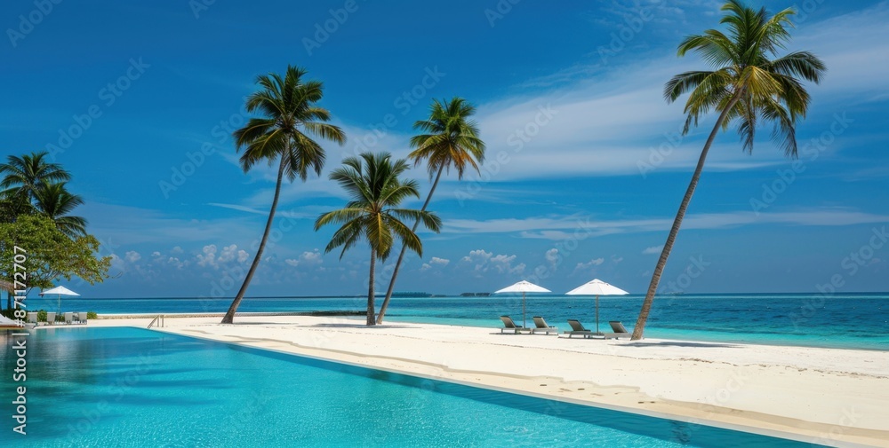 A stunning view of the pool and beach at an all-inclusive resort in Maldives, with palm trees swaying gently under clear blue skies Generative AI A stunning view of the pool and beach at an all-inclusive resort in Maldives, with palm trees swaying gently under clear blue skies Generative AI