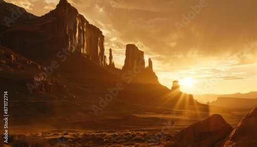 A low angle shot of a dramatic red rock desert landscape at sunrise, with towering buttes and mesas, shot with a Canon EOS1D X Mark III, wide angle lens, warm earthy tones photo