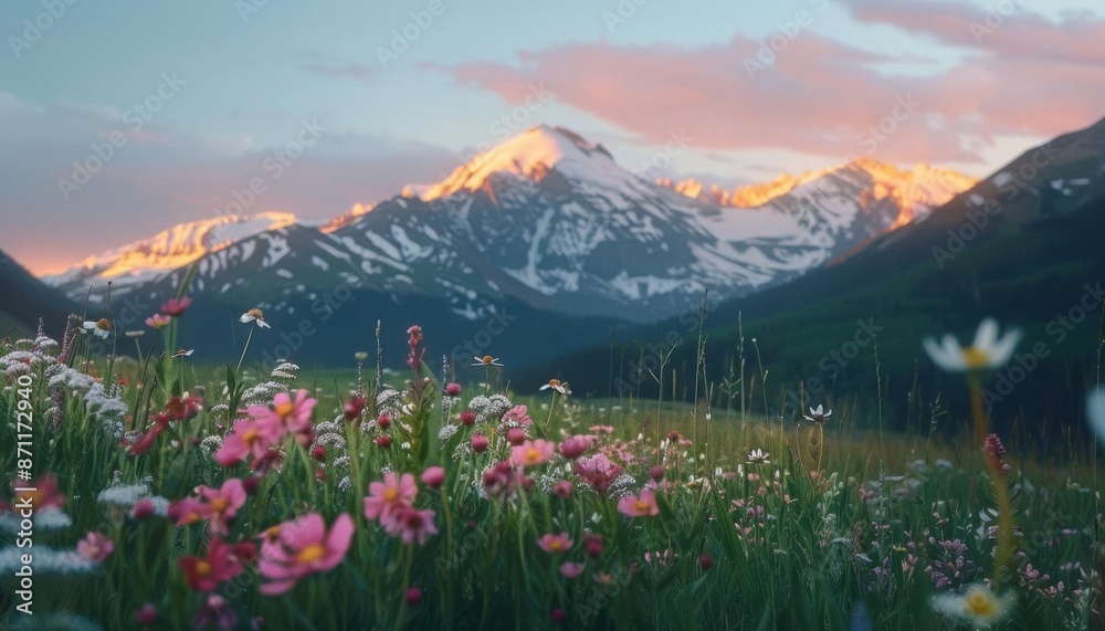 Obraz premium A medium shot of a tranquil mountain meadow at sunrise