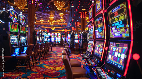 A colorful and lively casino interior filled with rows of slot machines, bright lights, and opulent decorations, capturing the excitement of gambling.
