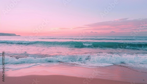 A medium shot of a tranquil beach at sunset