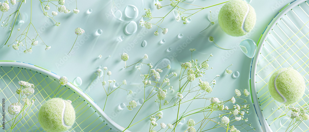 Artistic arrangement of tennis balls and rackets adorned with delicate white flowers on a soft pastel background, creating a fresh and serene scene.