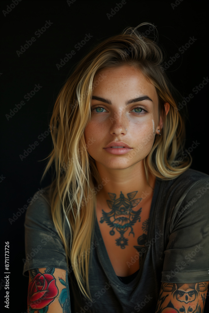Caucasian woman with tattoo on black background. Caucasian woman with tattoo on black background.