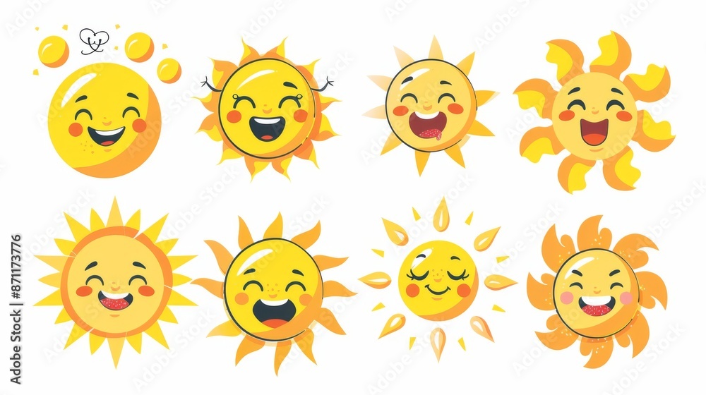 A colorful collection of cartoon sun illustrations showcases various smiling faces and unique ray patterns, spreading joy and warmth with their artistic designs. A colorful collection of cartoon sun illustrations showcases various smiling faces and unique ray patterns, spreading joy and warmth with their artistic designs.