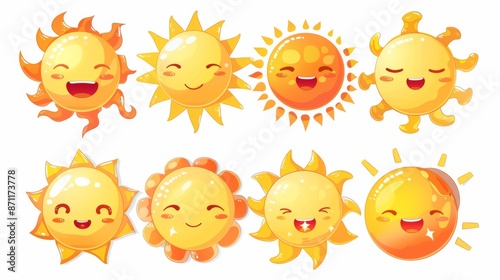 A delightful group of cartoon sun illustrations featuring a variety of happy and smiling faces, each with unique and artistic ray designs, perfect for adding warmth to any project.