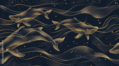 Beautiful artistic depiction of golden whales swimming gracefully in a starry night sea, blending mythical marine life with cosmic elements in a stunning digital art piece.