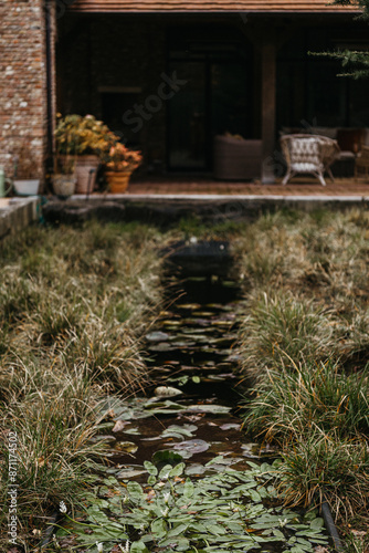 Garden pond seen from house porch photo