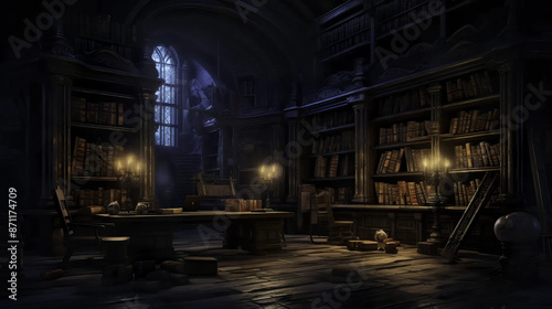 Wizards' library with shelves of ancient tomes and scrolls Fantasy wallpaper