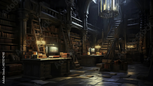 Wizards gather in a dimly lit library of knowledge Fantasy wallpaper