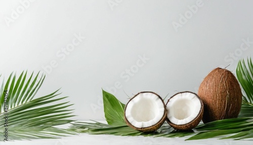 Coconut and foliage on white background 