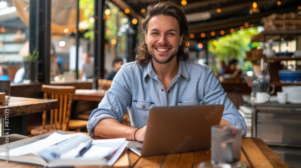 A cheerful man with a bright smile works on his laptop while sitting outdoors, enjoying the pleasant environment and combining productivity with leisure. A cheerful man with a bright smile works on his laptop while sitting outdoors, enjoying the pleasant environment and combining productivity with leisure.