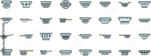 Colander icons set outline vector. Cook strainer. Food cooking thin line color flat on white