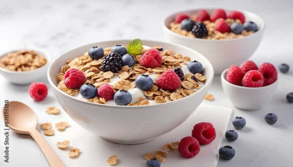 Bowl with oatmeal, muesli, cereals, berries, fruits and milk on a white background. Healthy eating. Diet and fitness. Self-care and health. Healthy food Bowl with oatmeal, muesli, cereals, berries, fruits and milk on a white background. Healthy eating. Diet and fitness. Self-care and health. Healthy food