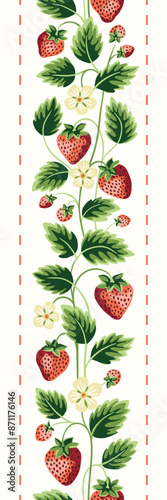 Cottage Core Garden Strawberries With Stitches Vector Vertical Seamless Pattern Border. Vintage Feed Sack Backdrop With Nostalgic Retro Design. Fresh Summer Fruit Background