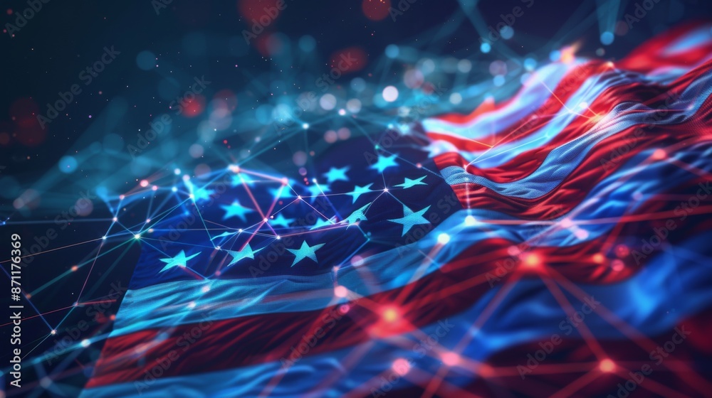 custom made wallpaper toronto digitalThe American flag intertwined with a complex digital network design, showcasing themes of modern technology, connectivity, and national identity.