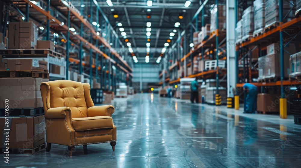 Elegant armchair in the foreground of a busy warehouse with workers and shelves full of boxes Elegant armchair in the foreground of a busy warehouse with workers and shelves full of boxes