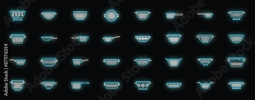 Colander icons set outline vector. Cook strainer. Food cooking neon color on black