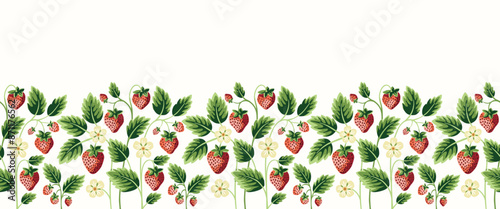 Cottage Core Garden Strawberry Patch Vector Horizontal Seamless Pattern Border. Vintage Feed Sack Backdrop With Nostalgic Retro Design. Fresh Summer Fruit Background