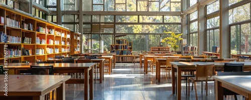 A serene and modern library interior featuring wooden tables, bookshelves, and large windows with natural light. AIG59 photo