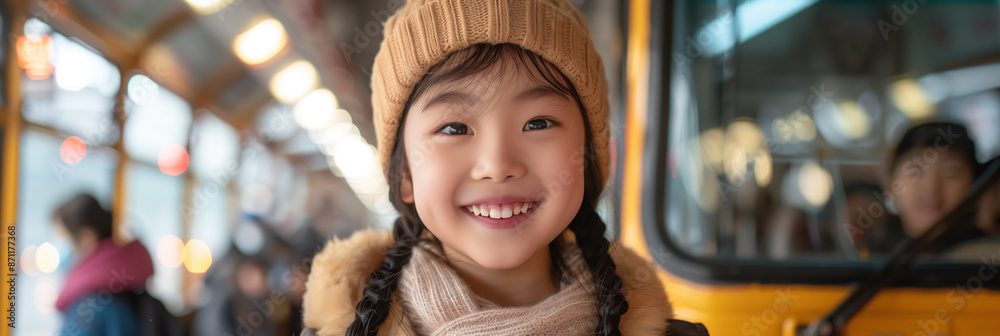 Asian girl travels to school on a school bus. Asian girl travels to school on a school bus.