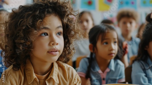 Curious children attentively listen to a lesson in a classroom setting, showcasing engagement and willingness to learn, surrounded by colorful walls and drawings.
