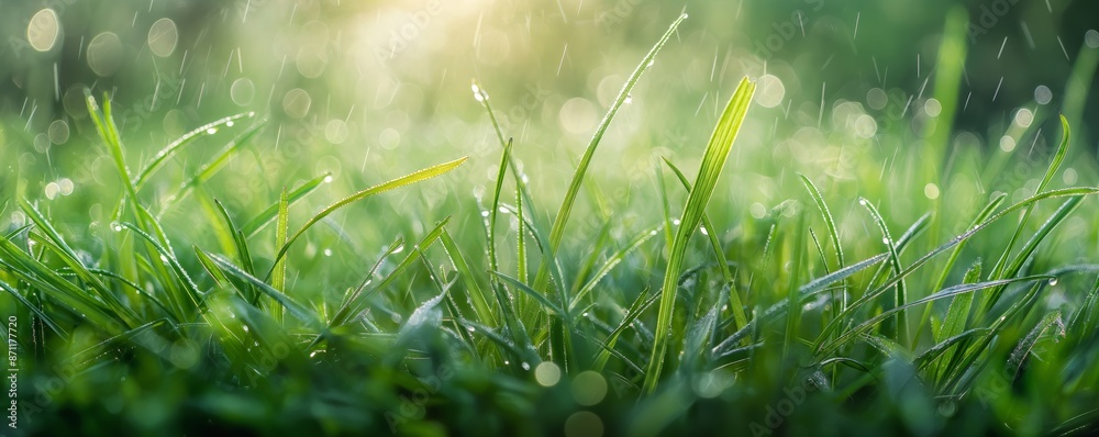 This image captures the morning dew on vibrant blades of grass, glittering under the warm sunlight. A tranquil and rejuvenating glimpse of nature's beauty. This image captures the morning dew on vibrant blades of grass, glittering under the warm sunlight. A tranquil and rejuvenating glimpse of nature's beauty.