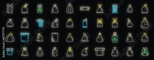 Bag for trash icons set outline vector. Food garbage. Dirty dustbin neon color on black