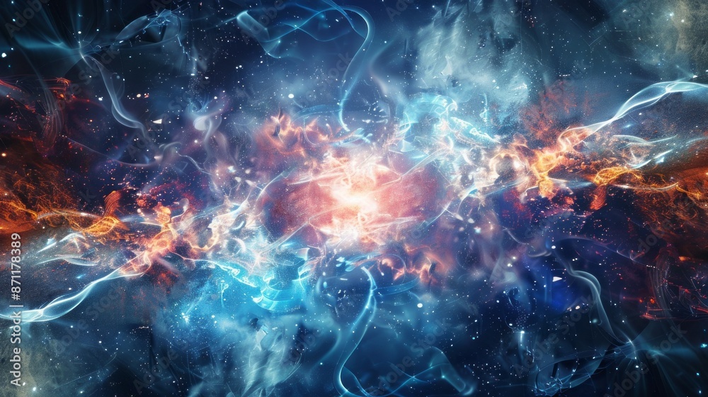 A digital art depiction of quantum entanglement, showing two connected swirls of light and color within a dark, starry background A digital art depiction of quantum entanglement, showing two connected swirls of light and color within a dark, starry background