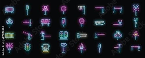 Railway crossing icons set outline vector. Signal alert. Gate rail neon color on black