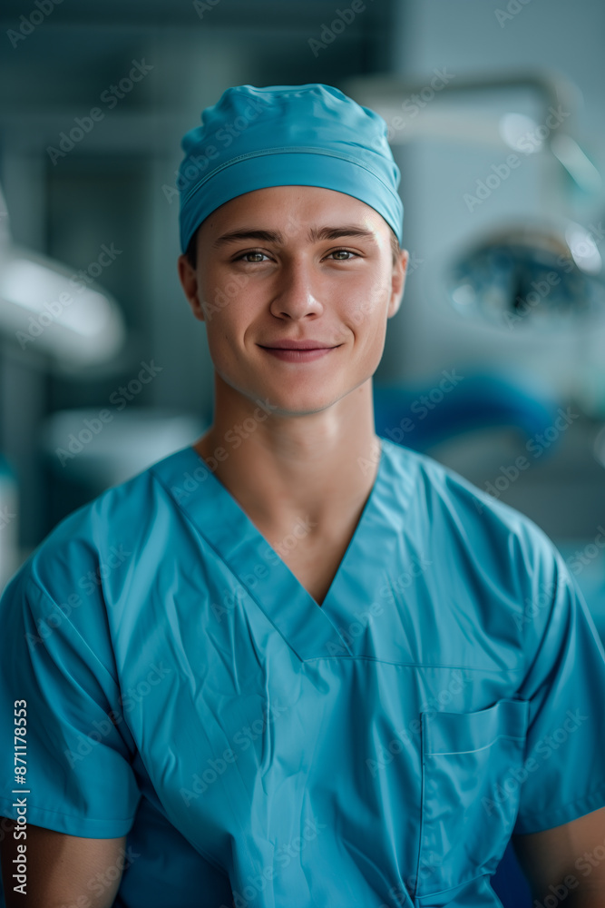 Caucasian dentist smiling confidently in operating room. Caucasian dentist smiling confidently in operating room.