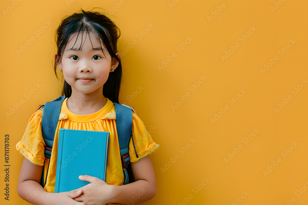 Portrait of Asian girl with backpack and holding book on color background. Back to school. Portrait of Asian girl with backpack and holding book on color background. Back to school.