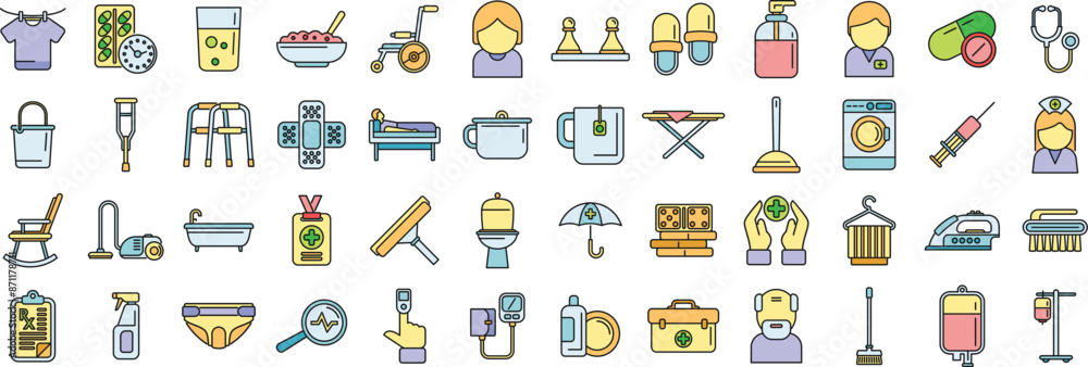 Fototapeta premium Home care services icons set outline vector. Care senior. Patient thin line color flat on white